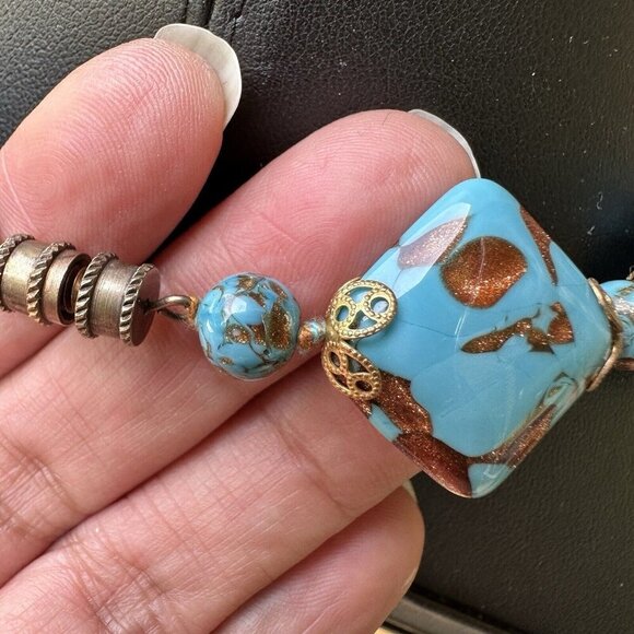 VTG‎ Venetian Turquoise Aventurine Murano Glass Bead Necklace + Earrings 18" - Picture 7 of 13